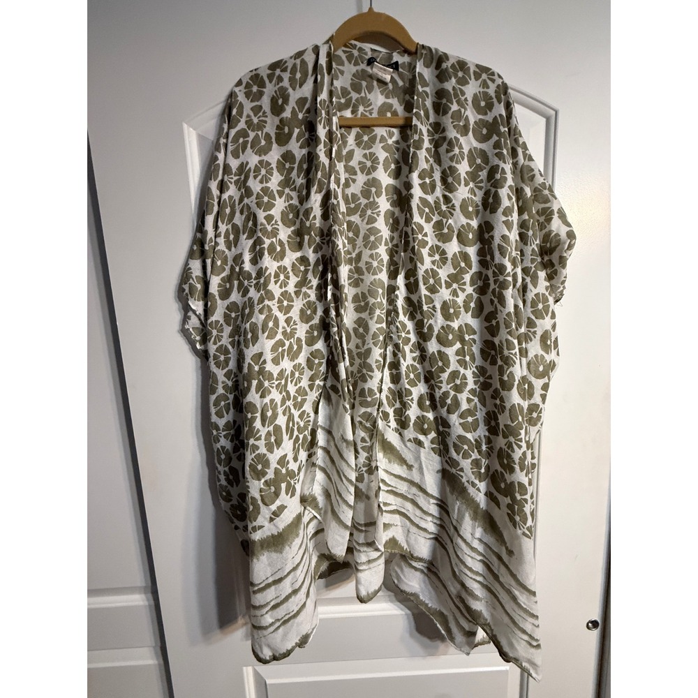 Ellen Tracy Kimono Wrap Women One Size Olive Green Floral Boho Chic Open Front